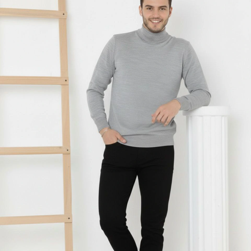 Yarım Boğaz Triko Kazak yumuşak dokulu Pamuklu ince Dokuma, uzun kollu Rahat Regular kalıp - Gri