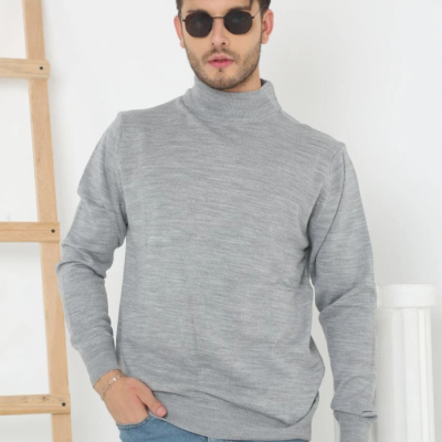 Yarım Boğaz Triko Kazak yumuşak dokulu Pamuklu ince Dokuma, uzun kollu Rahat Regular kalıp - Gri