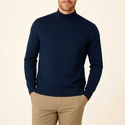 Yarım Boğaz Triko Kazak yumuşak dokulu Pamuklu ince Dokuma, uzun kollu Rahat Regular kalıp - Lacivert