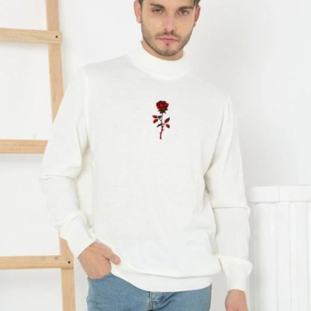 Yarım Boğazlı Baskılı Dokuma Triko - Beyaz