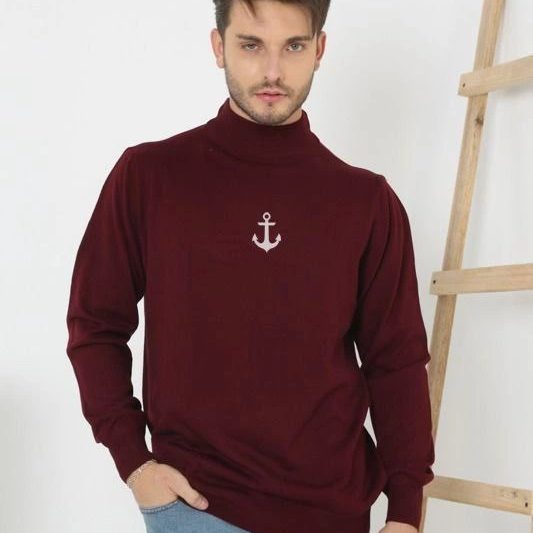 Yarım Boğazlı Baskılı Dokuma Triko - Bordo