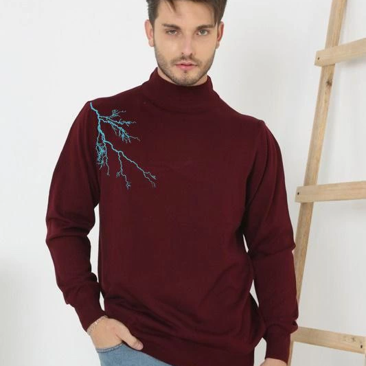 Yarım Boğazlı Baskılı Dokuma Triko - Bordo