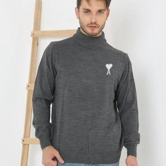 Yarım Boğazlı Baskılı Dokuma Triko - Füme