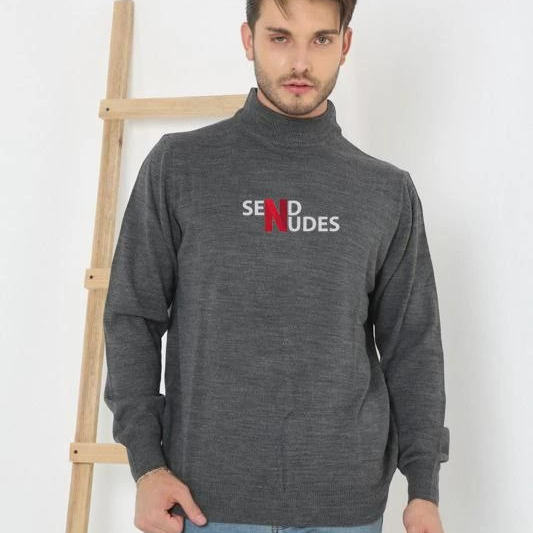 Yarım Boğazlı Baskılı Dokuma Triko - Füme -