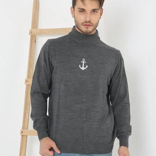 Yarım Boğazlı Baskılı Dokuma Triko - Füme -