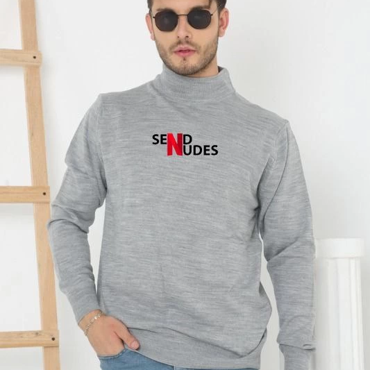 Yarım Boğazlı Baskılı Dokuma Triko - Gri