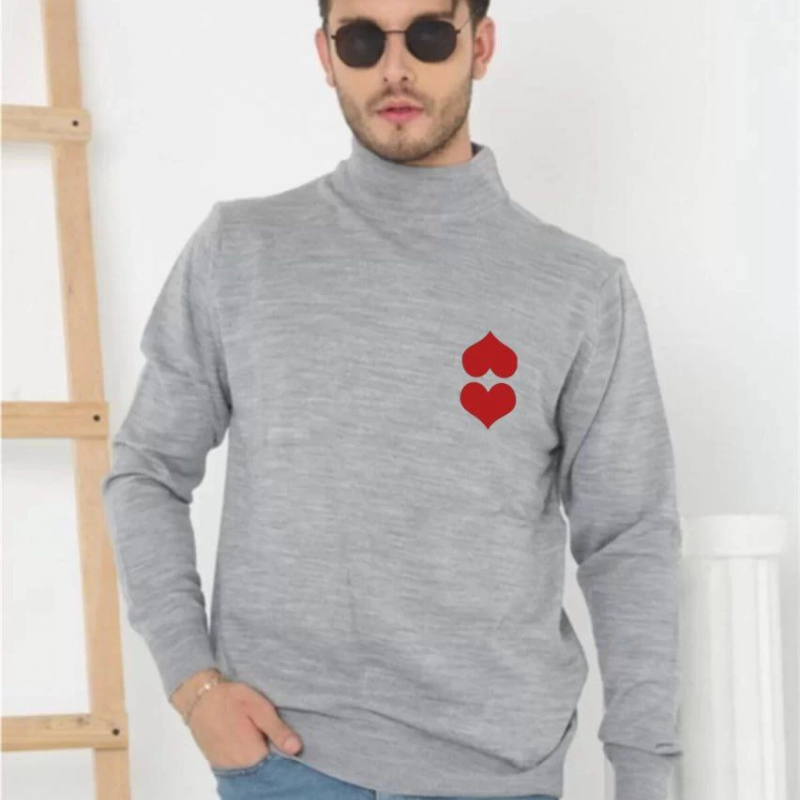 Yarım Boğazlı Baskılı Dokuma Triko - Gri