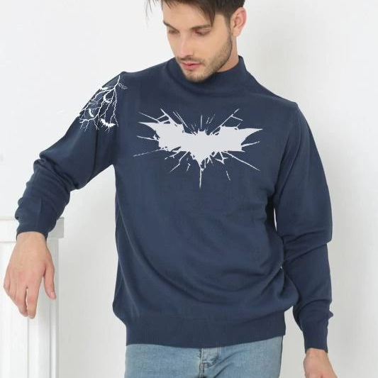 Yarım Boğazlı Baskılı Dokuma Triko -Indigo