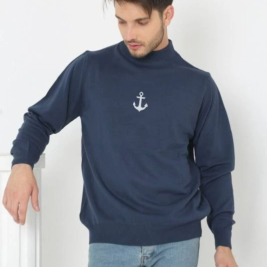 Yarım Boğazlı Baskılı Dokuma Triko - Indigo