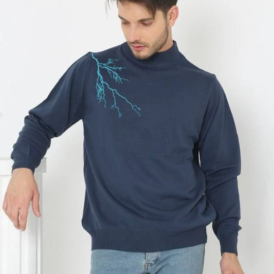 Yarım Boğazlı Baskılı Dokuma Triko - Indigo