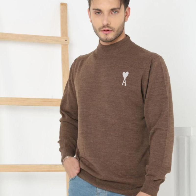 Yarım Boğazlı Baskılı Dokuma Triko - Kahve