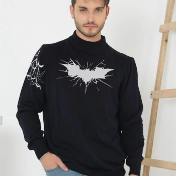 Yarım Boğazlı Baskılı Dokuma Triko - Siyah