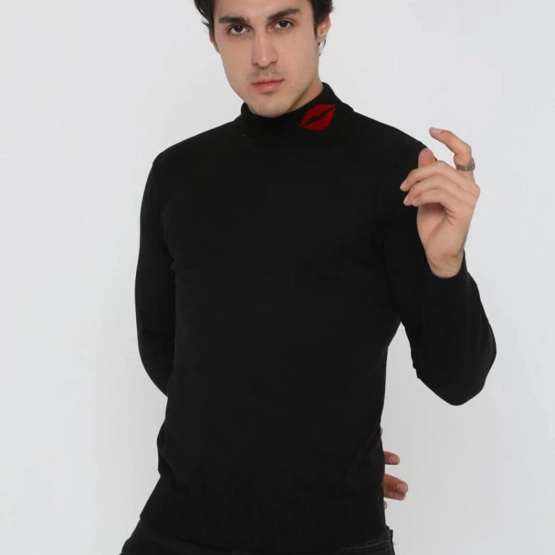 Yarım Boğazlı Baskılı Dokuma Triko - Siyah -