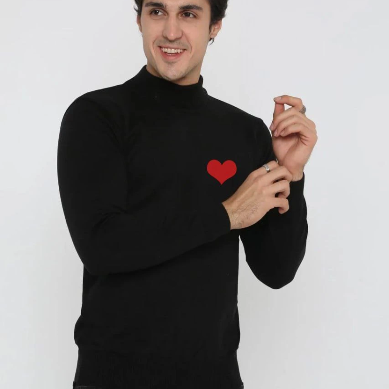 Yarım Boğazlı Baskılı Dokuma Triko - Siyah -