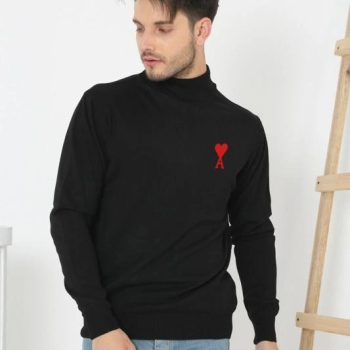 Yarım Boğazlı Baskılı Dokuma Triko - Siyah