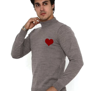 Yarım Boğazlı Baskılı Dokuma Triko - Vizon -