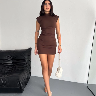 Yarım Bogazlı Kolsuz Mini Boy Elbise - Kahve