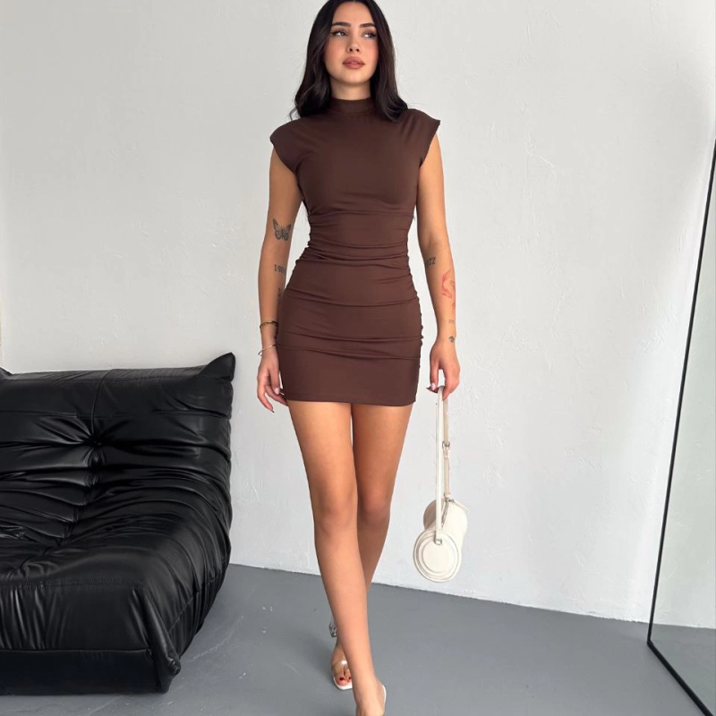Yarım Bogazlı Kolsuz Mini Boy Elbise - Kahve