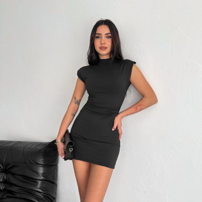 Yarım Bogazlı Kolsuz Mini Boy Elbise - Siyah -