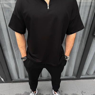 Yarım Fermuarlı Basic T-Shirt - Siyah -