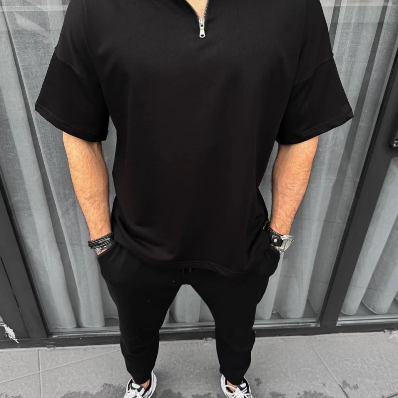 Yarım Fermuarlı Basic T-Shirt - Siyah -