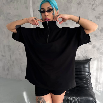 Yarım Fermuarlı Basic T-Shirt - Siyah -