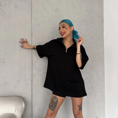 Yarım Fermuarlı Basic T-Shirt - Siyah -