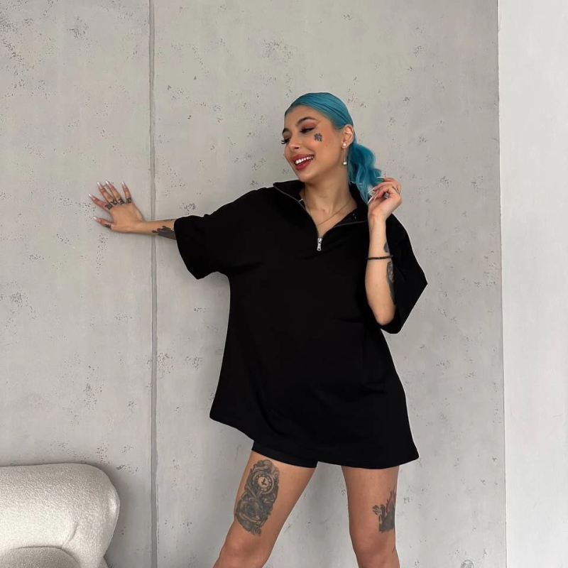 Yarım Fermuarlı Basic T-Shirt - Siyah -