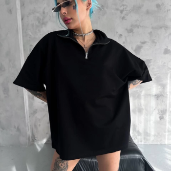 Yarım Fermuarlı Basic T-Shirt - Siyah -