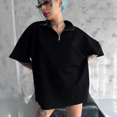 Yarım Fermuarlı Basic T-Shirt - Siyah -