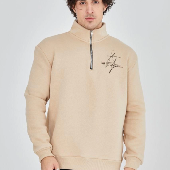 Yarım Fermuarlı Baskılı Sweat - Bej -