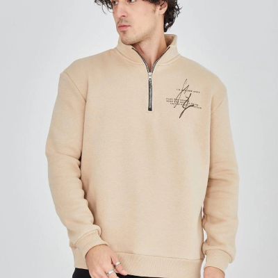 Yarım Fermuarlı Baskılı Sweat - Bej -