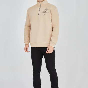 Yarım Fermuarlı Baskılı Sweat - Bej -
