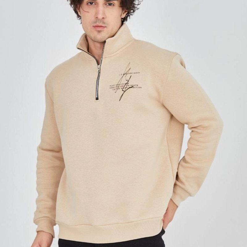 Yarım Fermuarlı Baskılı Sweat - Bej -
