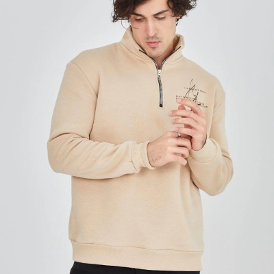 Yarım Fermuarlı Baskılı Sweat - Bej -