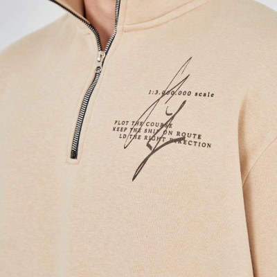 Yarım Fermuarlı Baskılı Sweat - Bej -