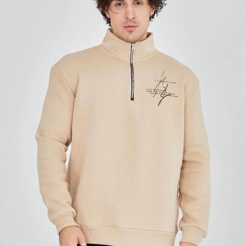 Yarım Fermuarlı Baskılı Sweat - Bej -
