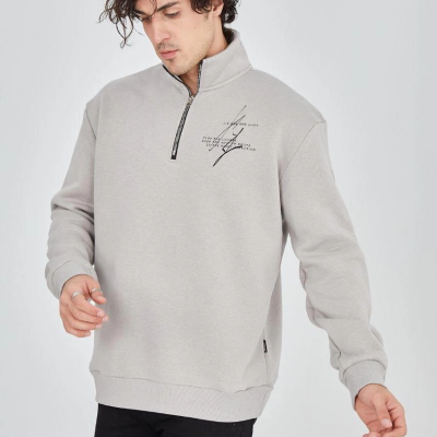 Yarım Fermuarlı Baskılı Sweat - Boyalı Gri -
