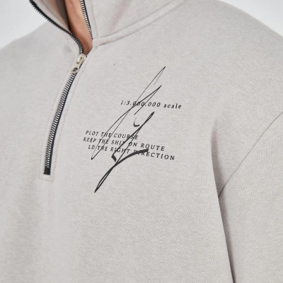 Yarım Fermuarlı Baskılı Sweat - Boyalı Gri -