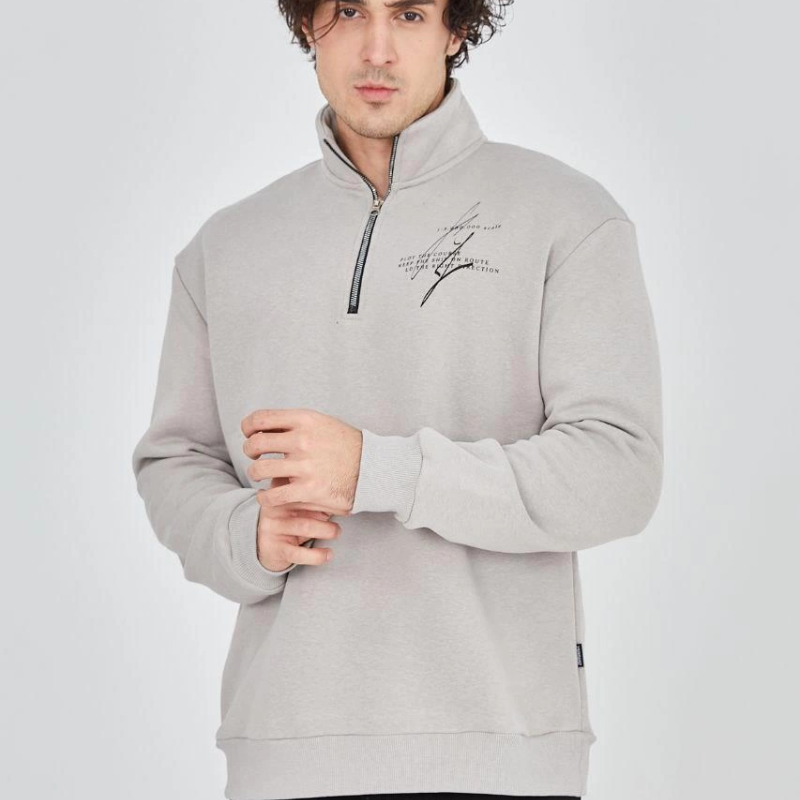 Yarım Fermuarlı Baskılı Sweat - Boyalı Gri -