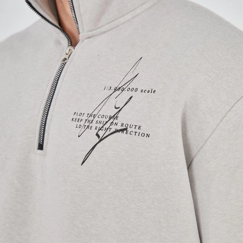 Yarım Fermuarlı Baskılı Sweat - Boyalı Gri -