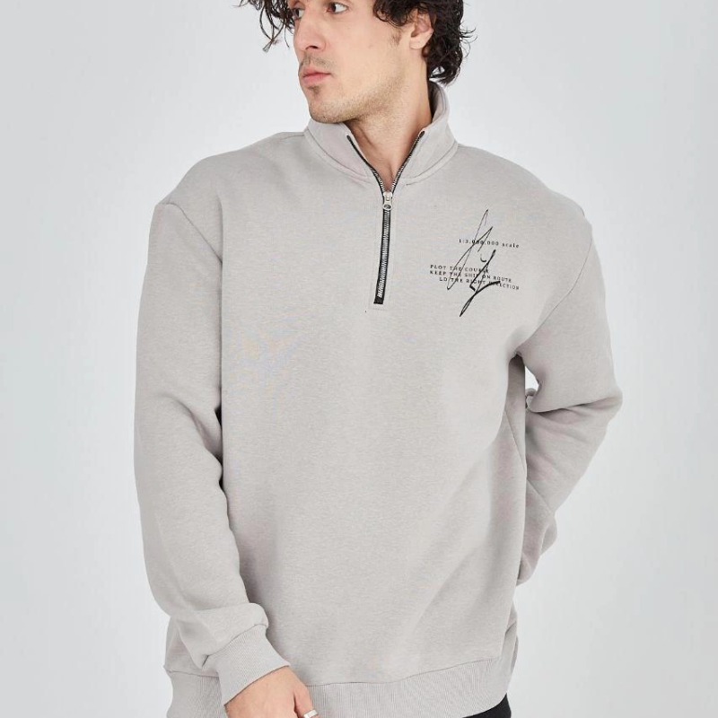 Yarım Fermuarlı Baskılı Sweat - Boyalı Gri -