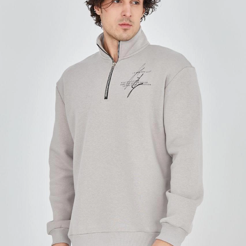 Yarım Fermuarlı Baskılı Sweat - Boyalı Gri -