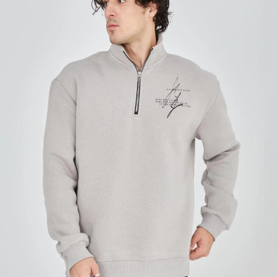 Yarım Fermuarlı Baskılı Sweat - Boyalı Gri -