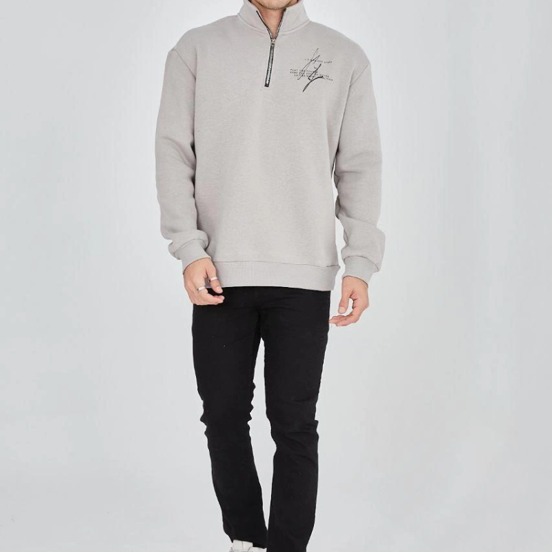 Yarım Fermuarlı Baskılı Sweat - Boyalı Gri -
