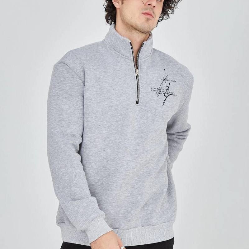 Yarım Fermuarlı Baskılı Sweat - Gri -