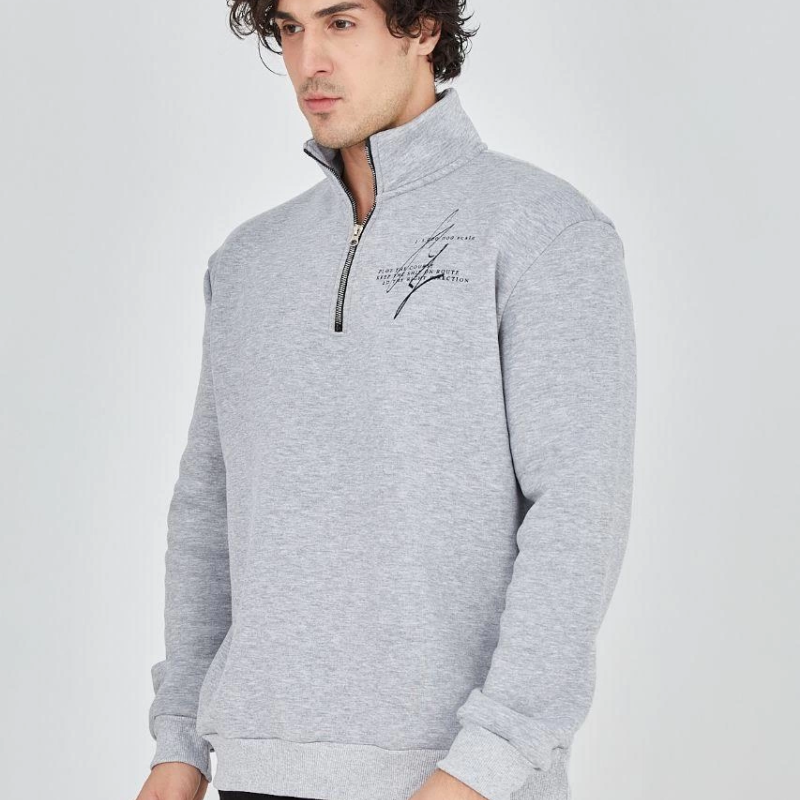 Yarım Fermuarlı Baskılı Sweat - Gri -