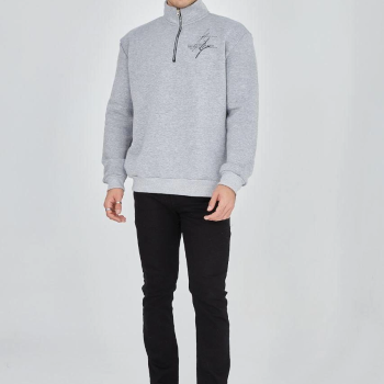 Yarım Fermuarlı Baskılı Sweat - Gri -