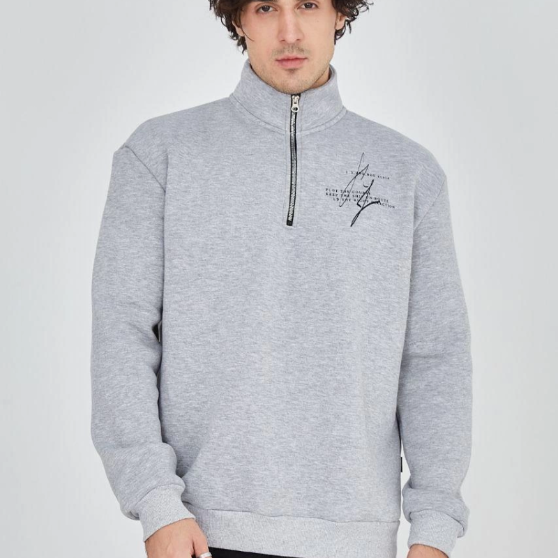 Yarım Fermuarlı Baskılı Sweat - Gri -