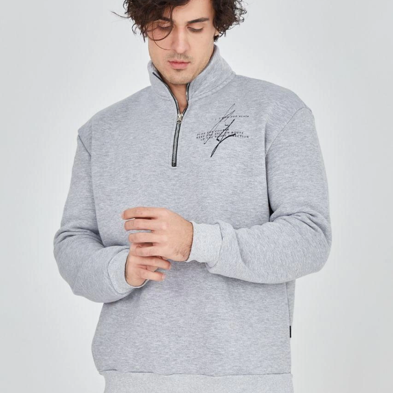 Yarım Fermuarlı Baskılı Sweat - Gri -